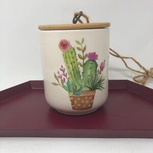 Cactus Ceramic Jar Bamboo Lid Rope Handle Planter Decor Boho Nature Plant Baby